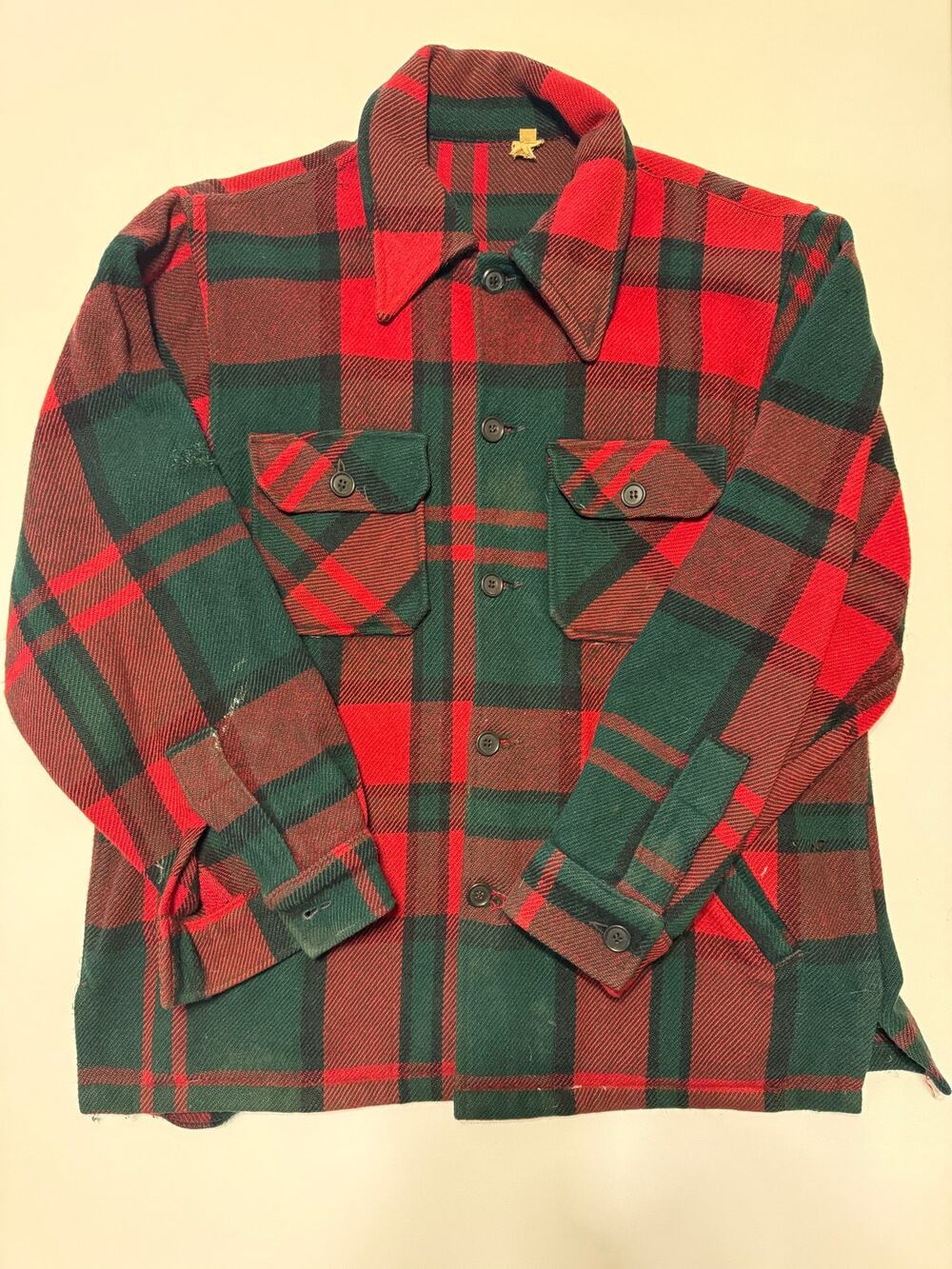 Vintage 50s 60s Wool Flannel Shirt Mens L Red Green Plaid Workwear Distressed
